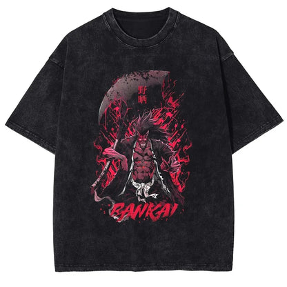 Japan Classic Anime BLEACH Zaraki Kenpachi Print T-shirt Men WomenCasual Tees Vintage Style Cotton Clothing Harajuku Washed Tops