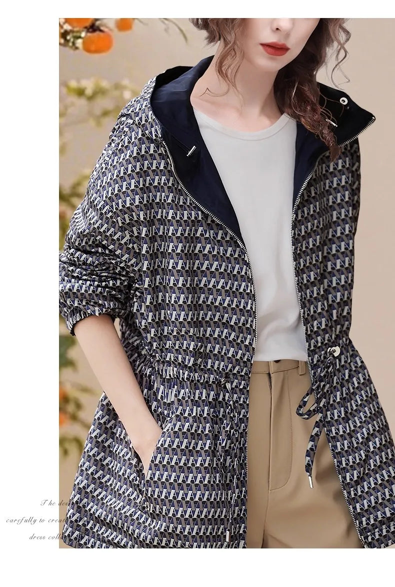 Women' Autumn New Blue Lengthened Hooded Jacket Two Sided Wearable Long Sleeve Loose Casual Sports Windproof Coat