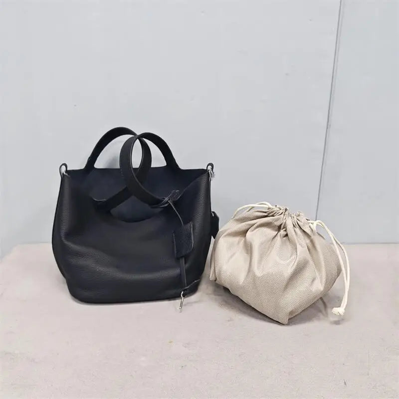 Top Layer Cowhide Leather Handbag European Sle Buet Bag Fre Vegetable Basket Ladies Handbag Soft Handle Casual Faion