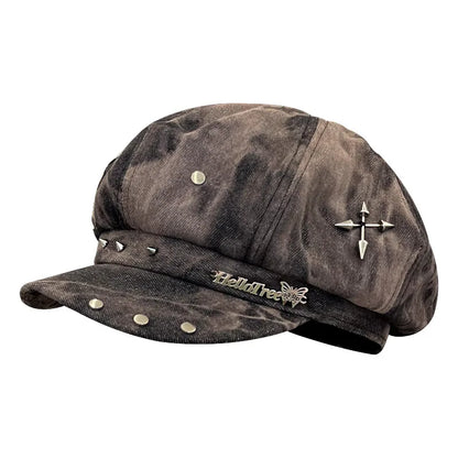 Punk Rivet Star Sticker Berets for Women Fashion Hip Hop Hats Versatile Retro Tie-dye Newsboy Hats