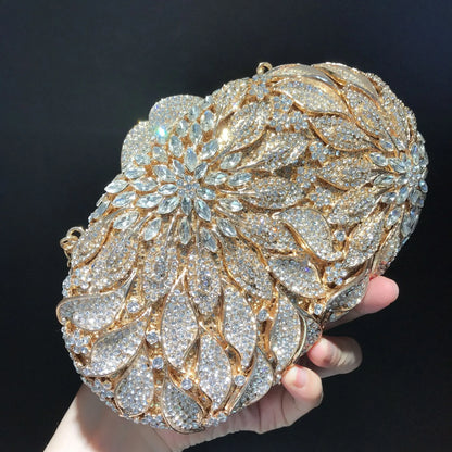 Gold Metal Leaves White Crystals Evening Clutch Bags Luxury Women Wedding Party Purse Ball Handbags Rhinestone Mini Shell Bag