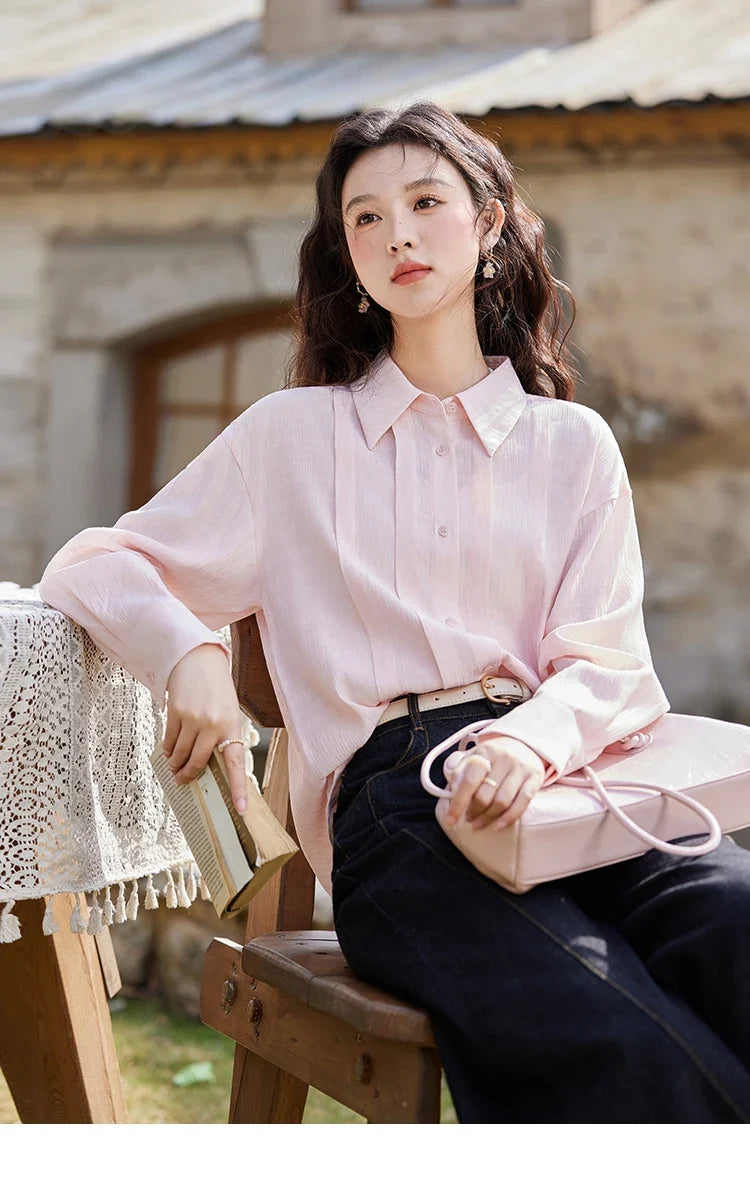 Solid Loose Fit Shirt for Women Spring 2025 Dropped Shoulder Long Sleeved  Top Casual Turn-down Collar Shirts MXE13C0405
