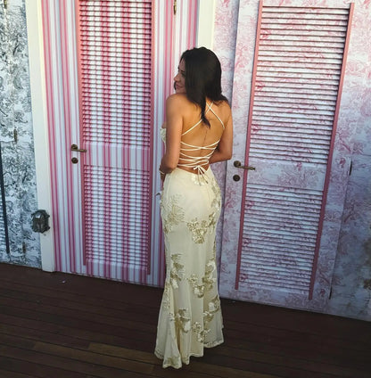 Backless Mermaid Dress Women Formal Occasion Elegant Lace Up Dress Mesh Embroidery Evening Party Dress