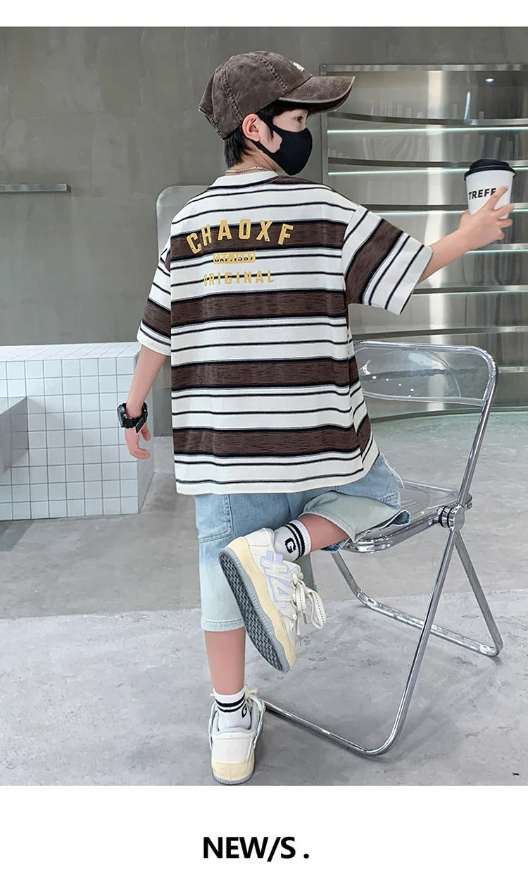 Luxury Summer Suit for Boy Short Sleeve Striped T-shirt + Denim Shorts 2 Pieces Clothing Set Kids Children Cotton Top Bottom Set
