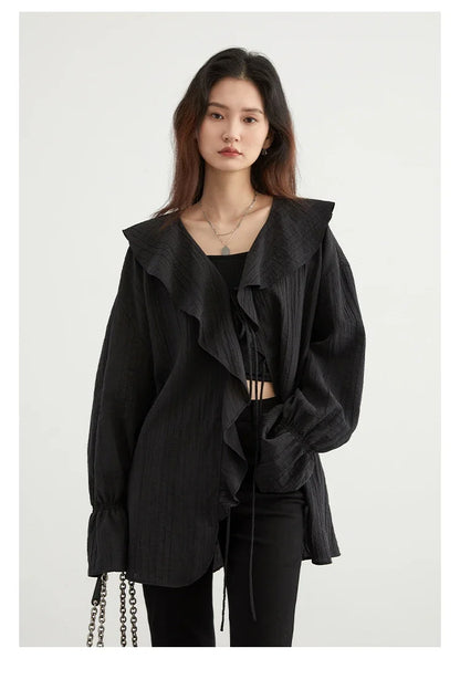 Women Shirt Loose Casual Ruffled Edges Female Blouses Solid V Neck Lace Up Mid Length Ladies Shirts Spring Summer 2026