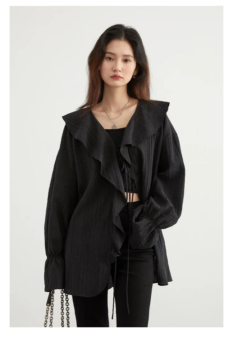 Women Shirt Loose Casual Ruffled Edges Female Blouses V Neck Lace Up Mid Length Woman Shirts Spring Summer 2026