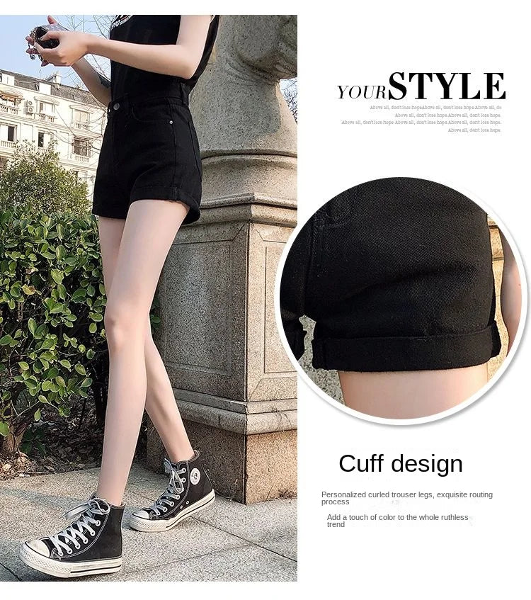 High-Waist Cuffed Denim Shorts Women Summer Korean Style Student Loose Slimming Outerwear A-Line Wide Leg Hot Pants Y2K Shorts