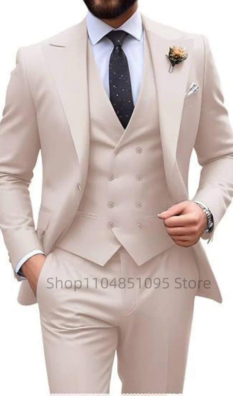 Men's Solid Color Slim Fit Formal Business Suit Wedding 3-Piece Set with Peak Lapel Blazer Vest And Trousers for Party Prom