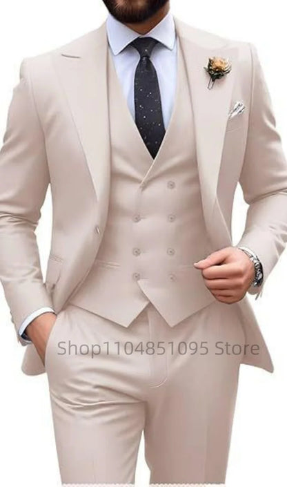 Men's Solid Color Slim Fit Formal Business Suit Wedding 3-Piece Set with Peak Lapel Blazer Vest And Trousers for Party Prom