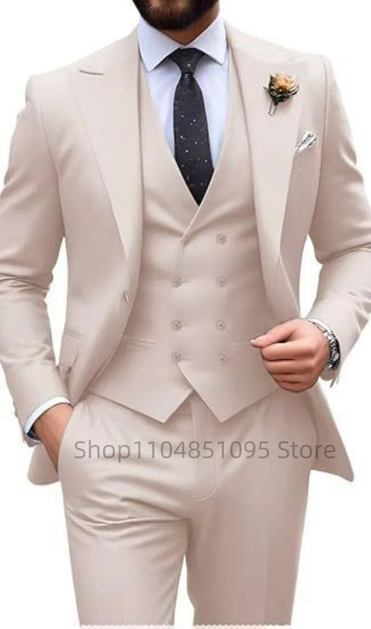 Men's Solid Color Slim Fit Formal Business Suit Wedding 3-Piece Set with Peak Lapel Blazer Vest And Trousers for Party Prom