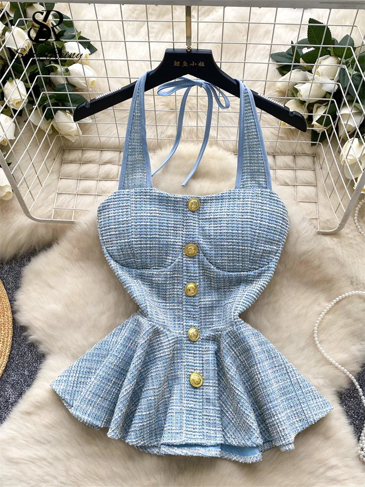 American Summer Women Camisole Halter Buttons Y2K Solid Slim Fit Tops Fashion Chic Tweed Design Hotsweet Tank Top
