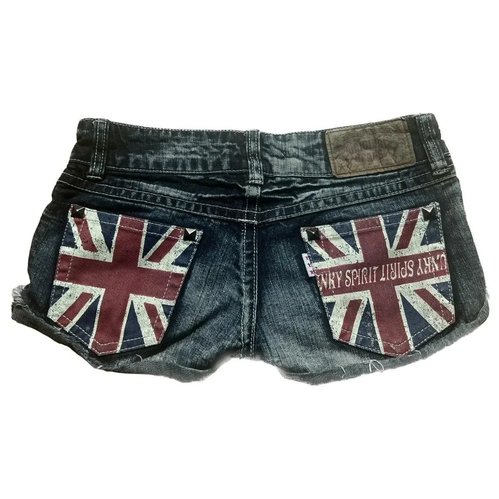 American Y2K Retro Graffiti British Flag Short Jeans Harajuku Women's Washed Denim Shorts Tight Low Waist Shorts