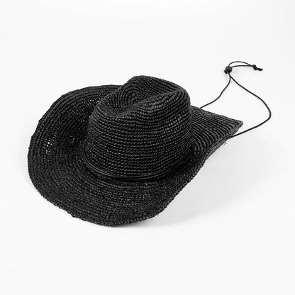 Hand-crocheted Natural Raffia Straw Cowboy Hat for Women Men Summer Wide Brim Sun Hat Outdoor Breathable Beach Caps