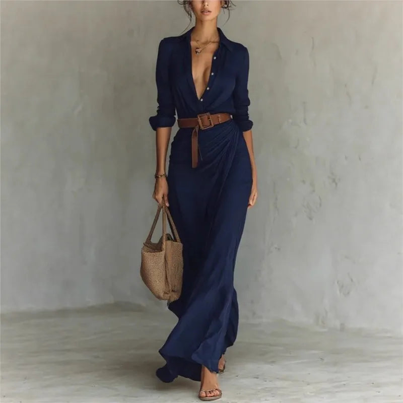 Women's Fashion Solid Holiday Party Dress Elegant Lapel Button Draped Long Dress Casual Long Sleeve Match With Belt Shirt Dress