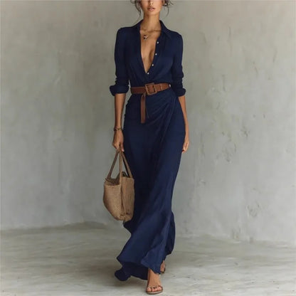Women's Fashion Solid Holiday Party Dress Elegant Lapel Button Draped Long Dress Casual Long Sleeve Match With Belt Shirt Dress