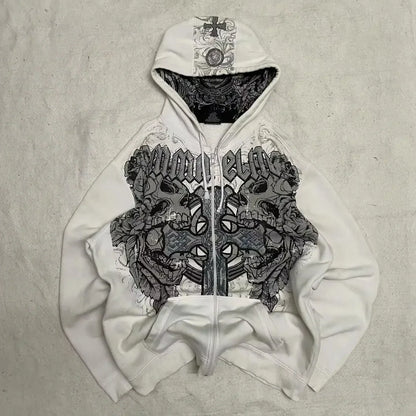 Mountainous Carving Harajuku Hoodie Y2K New Fleece Thickened Got Print Zipper Hoodie Women Street Hip Hop Joker Loose Sweatshirt