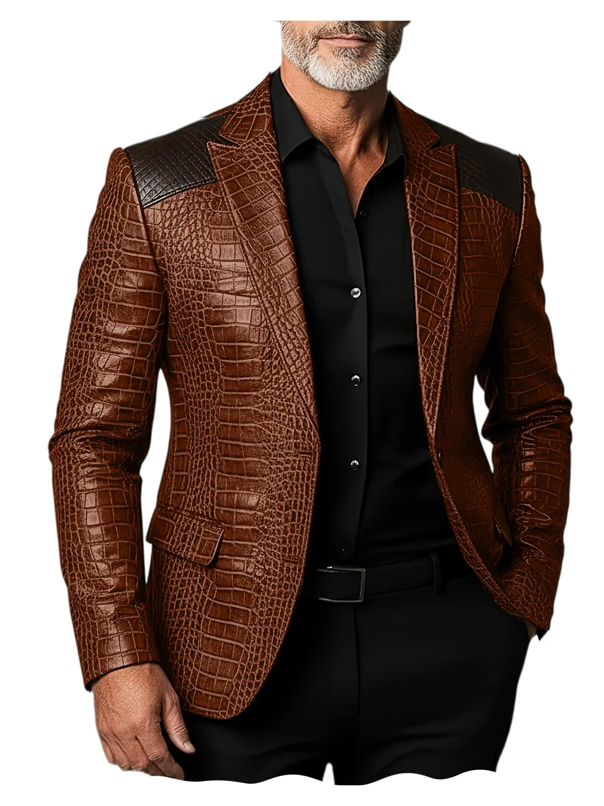 Men's Crocodile Pattern Leather Blazer Patchwork PU Leather Suit Jacket Notched Lapel Slim Fit Business Casual Coat Outerwear