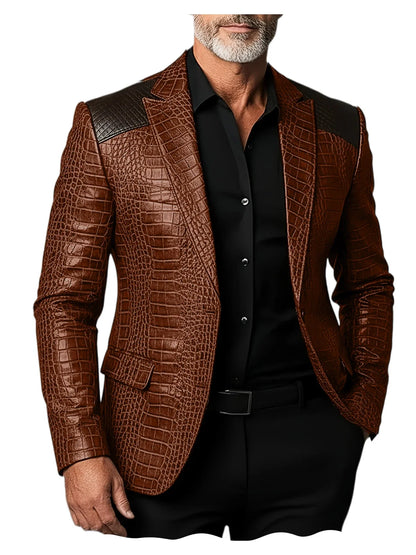 Men's Crocodile Pattern Leather Blazer Patchwork PU Leather Suit Jacket Notched Lapel Slim Fit Business Casual Coat Outerwear