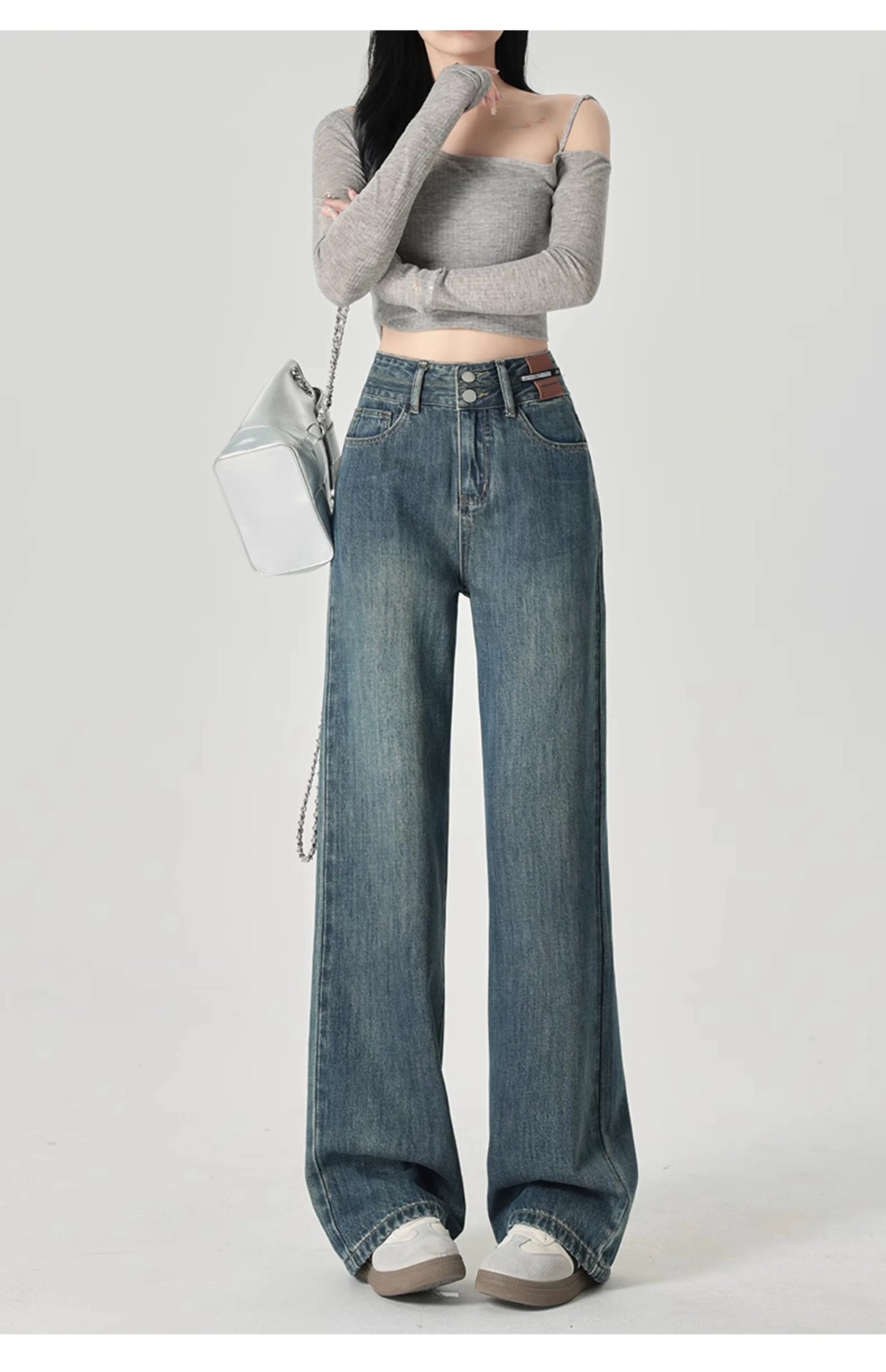 Women's Narrow Cut Wide Leg Jeans With High Waist And Hanging Feeling Straight Leg Casual Look Slim Contrasting Colors Pants