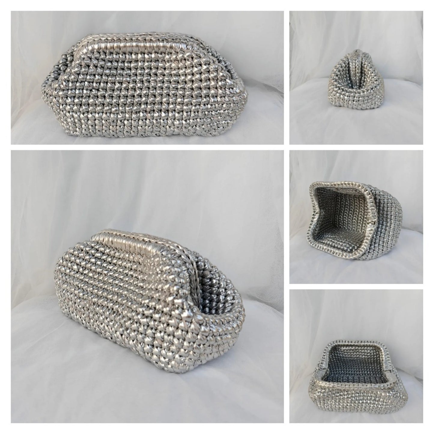 Yingzi Silver Cloth Strip Crochet Clip Bag Woven Underarm Bag Metallic Lustre Clutch Large Size Bag