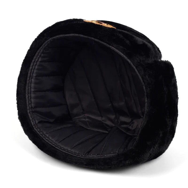 Soviet Army Military Badge Russia Ushanka Bomber Hats Pilot Trapper Trooper Hat Winter Faux Rabbit Fur Earflap Men Snow Caps