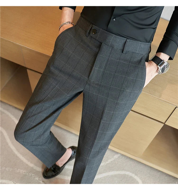 2026 Classic Men's Slim Fit Plaid Striped Casual Pants Fashion Business Slim Fit Suit Pants Formal Groom Wedding Dress Trousers