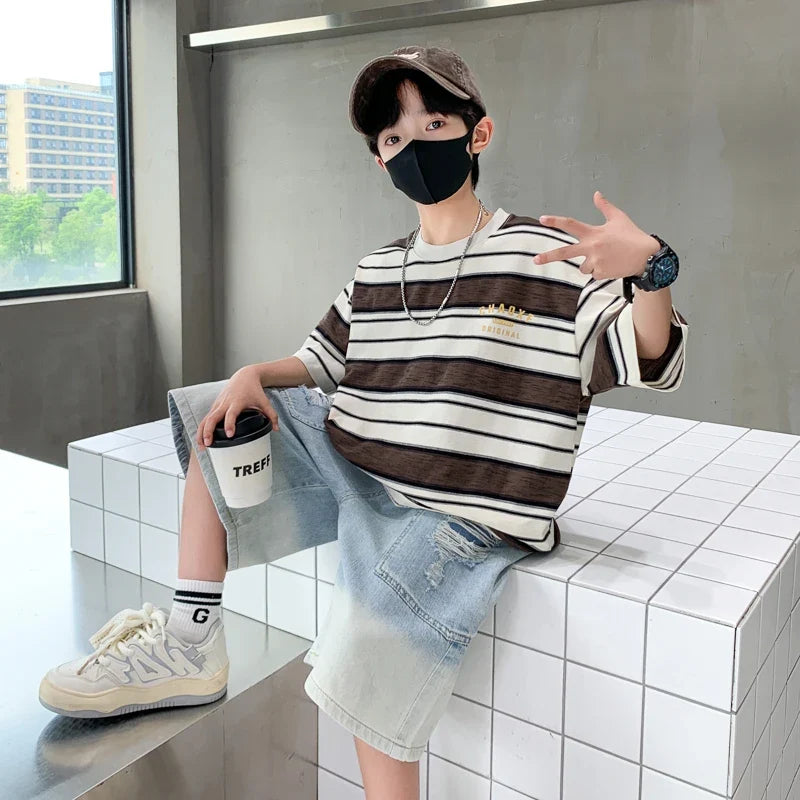 Luxury Summer Suit for Boy Short Sleeve Striped T-shirt + Denim Shorts 2 Pieces Clothing Set Kids Children Cotton Top Bottom Set
