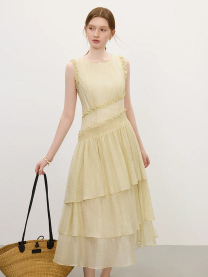 Summer 2025 Textured Pleat Dress - Fluid Asymmetric Hem Sleeveless Resort to Office Elegant Silhouette