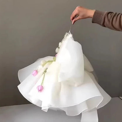 2026 New Children Girls Formal Dress Puff Sleeve Princess Gown Flower Girl Kids Floral Tulle Tutu Elegant Pageant Summer Costume