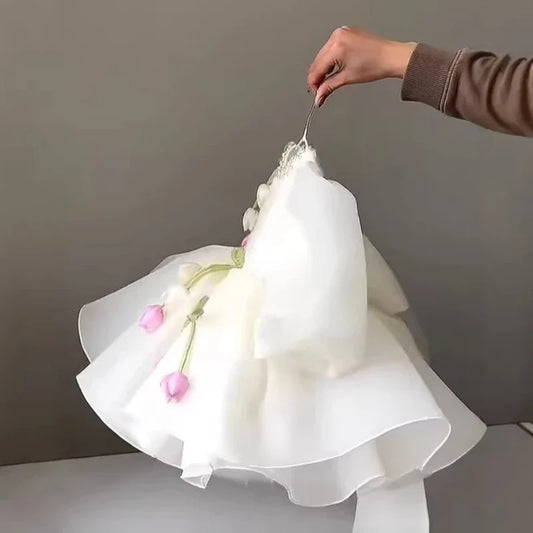 2026 New Children Girls Formal Dress Puff Sleeve Princess Gown Flower Girl Kids Floral Tulle Tutu Elegant Pageant Summer Costume