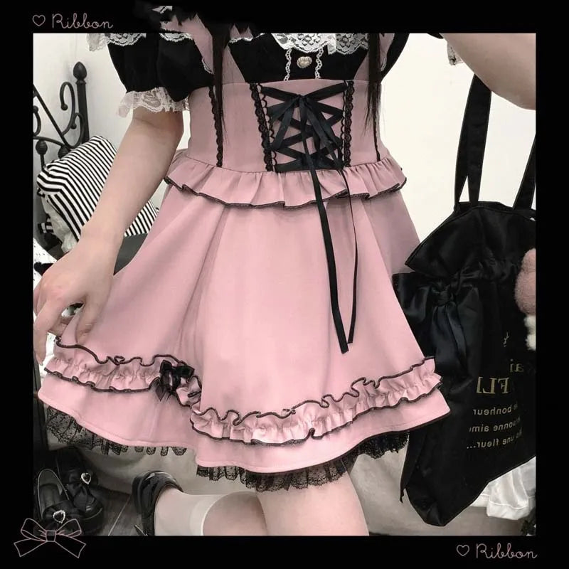 Summer Lolita Ribbon Tatt Lace Overall Skirt Women Subculture Japanese Jirai Kei Mine Style Y2k 2000s Casual Girly Belt Pinafore