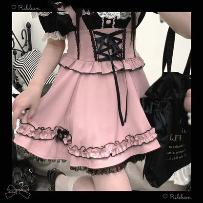 Summer Lolita Ribbon Tatt Lace Overall Skirt Women Subculture Japanese Jirai Kei Mine Style Y2k 2000s Casual Girly Belt Pinafore