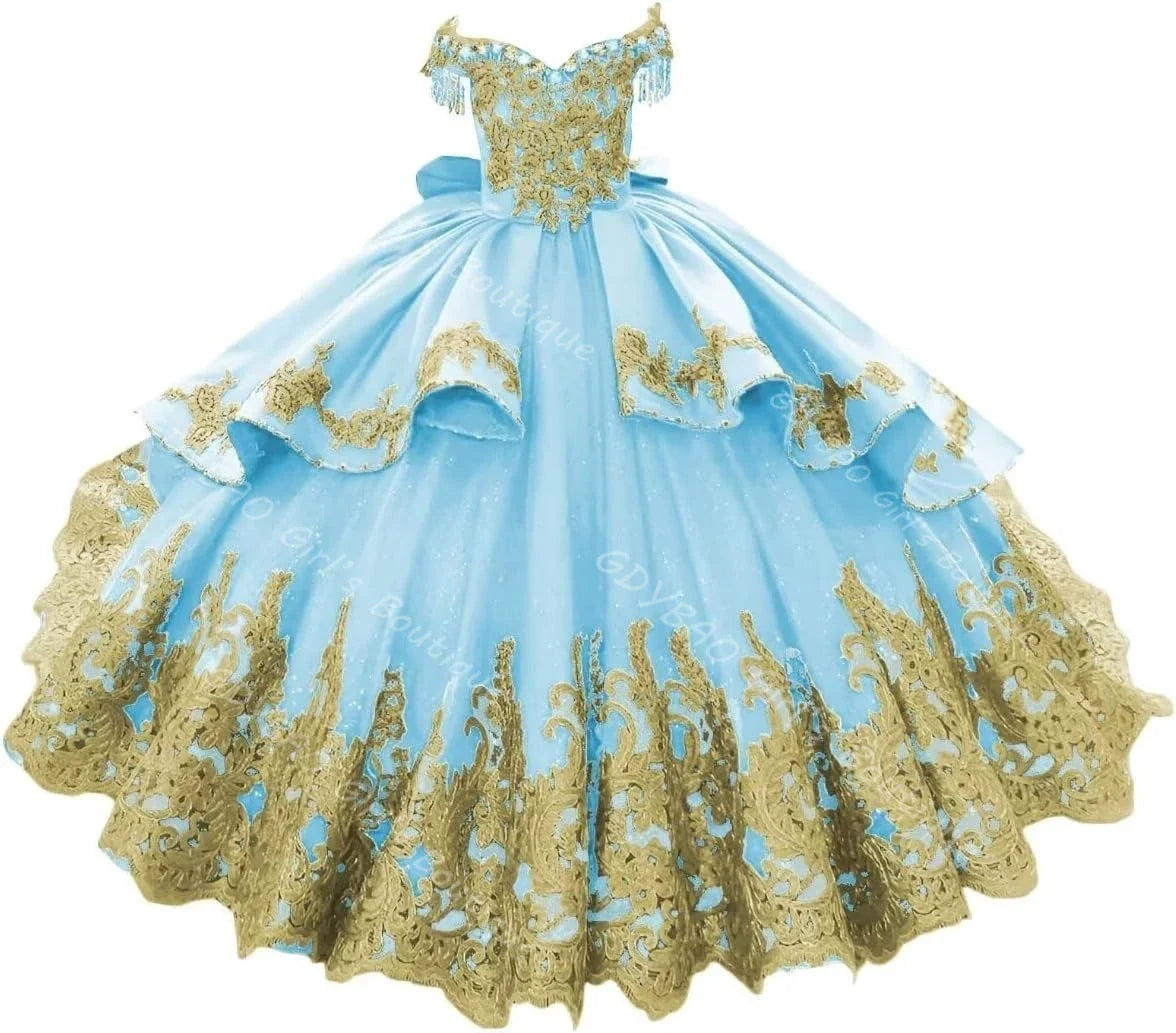 Off Shoulder Flower Girl Dress for Wedding 2-14 Kids Gold Appliqued Tiered Tulle Princess Pageant Dress With Bow/Tassel Custom
