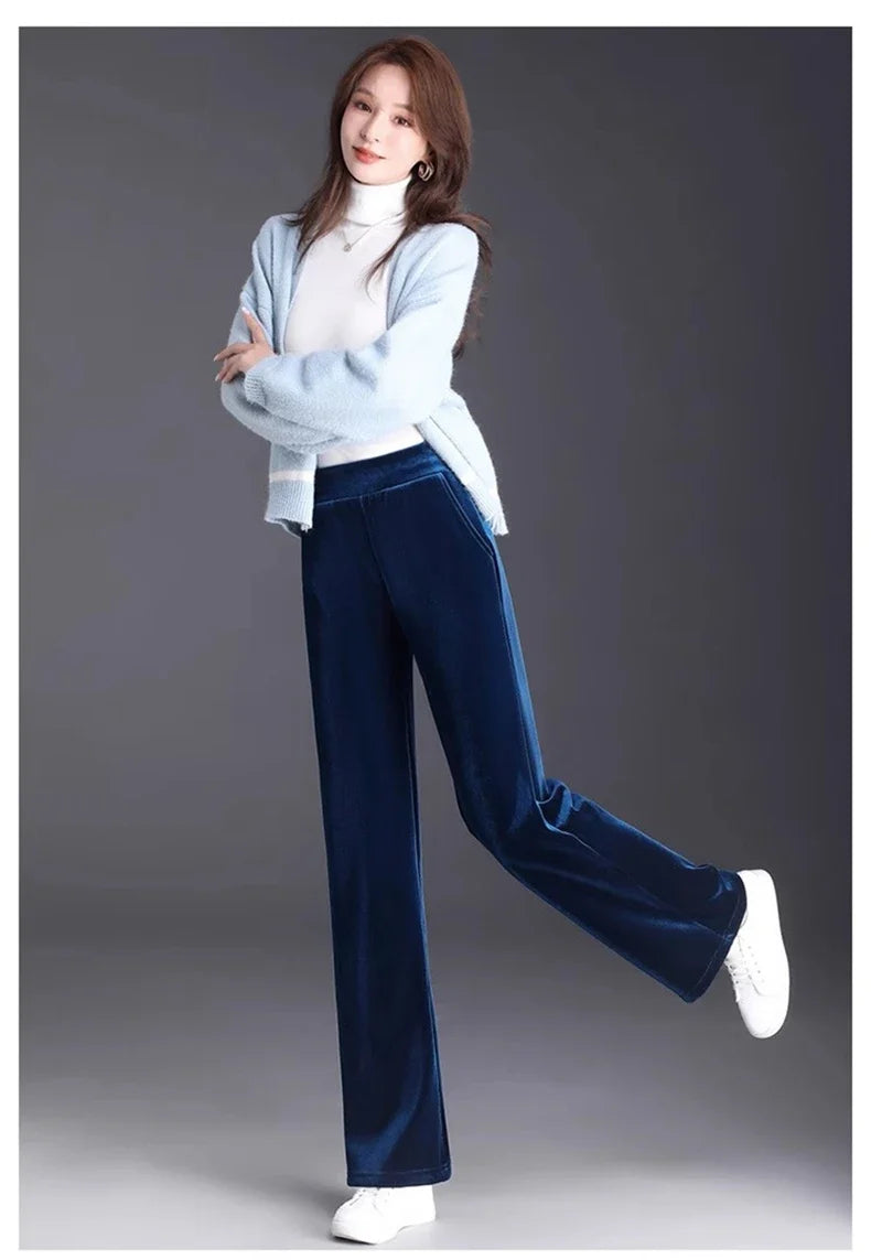 Women's pants with many reviews flared pants ice silk pants wide leg pants, high waisted blue loose straight leg pants 6XL