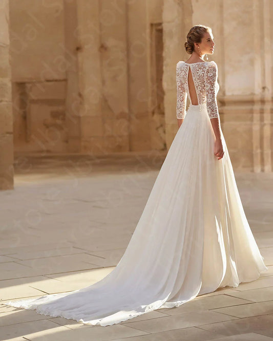 Customized Classic Wedding Dresses 2025 Lace Bridal Gowns Square Neckline Bride Dresses 3/4 Sleeves Wedding Gowns Cut Out Back