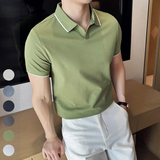 Business Casual Solid Color Men's Polo Shirt, 2024 Summer Classic, Men Short Sleeve V-neck T-shirt, Slim Fit Spliced Polo 4XL-M