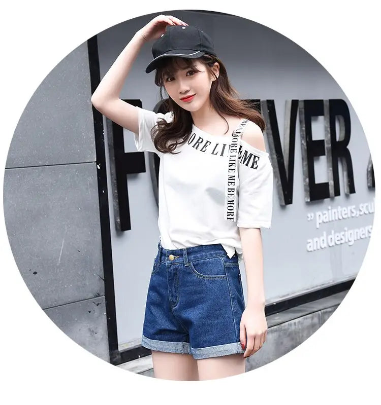 High-Waist Cuffed Denim Shorts Women Summer Korean Style Student Loose Slimming Outerwear A-Line Wide Leg Hot Pants Y2K Shorts