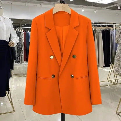 Blazer Woman Autumn Spring Long Sleeve Double Breatsed Lapel Loose Coat Slim Casual Jackets Office Ladies Vintage Blazers