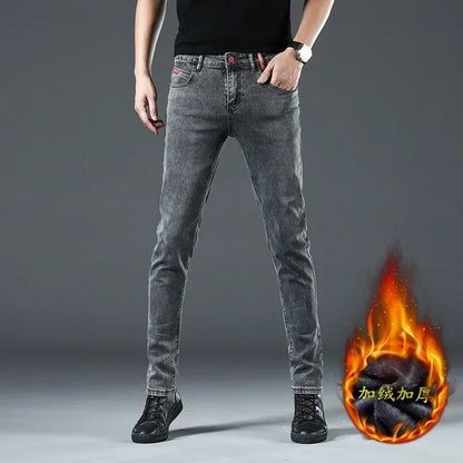 Winter Thick Plus Velvet Men Middle Waist Skinny Jeans Simple Fleece Warm Slim Fit Stretch Boy Casual Denim Pencil Pants