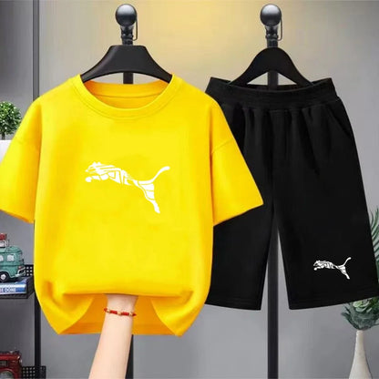Kids White T-shirt+Shorts Two-Piece Set Print Boys Girls Toddler3-12Yrs Sports Casual Brand Clothes 2026 Summer