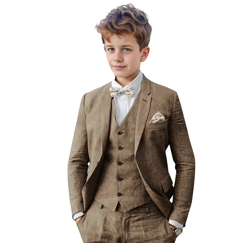 Breathable Linen Boys Suit Set 3 Pieces For Wedding Party,Notched Lapel Kids Suits Piano Performance Outfit Toddler 3-16Y