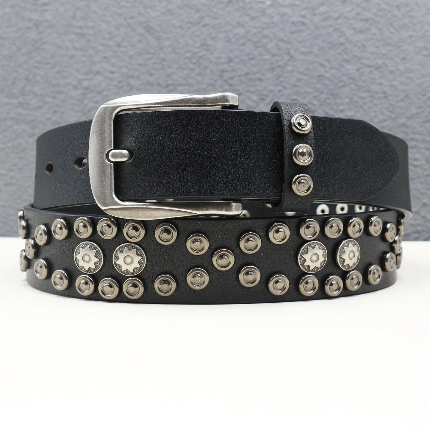 Rock Genuine Leather Luxury Punk Belt Jeans Heavy duty Hollow manual  Designer Brand Belt Men Rivet Three-pin buckle Belt Male