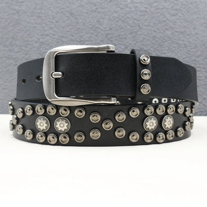 Rock Genuine Leather Luxury Punk Belt Jeans Heavy duty Hollow manual  Designer Brand Belt Men Rivet Three-pin buckle Belt Male