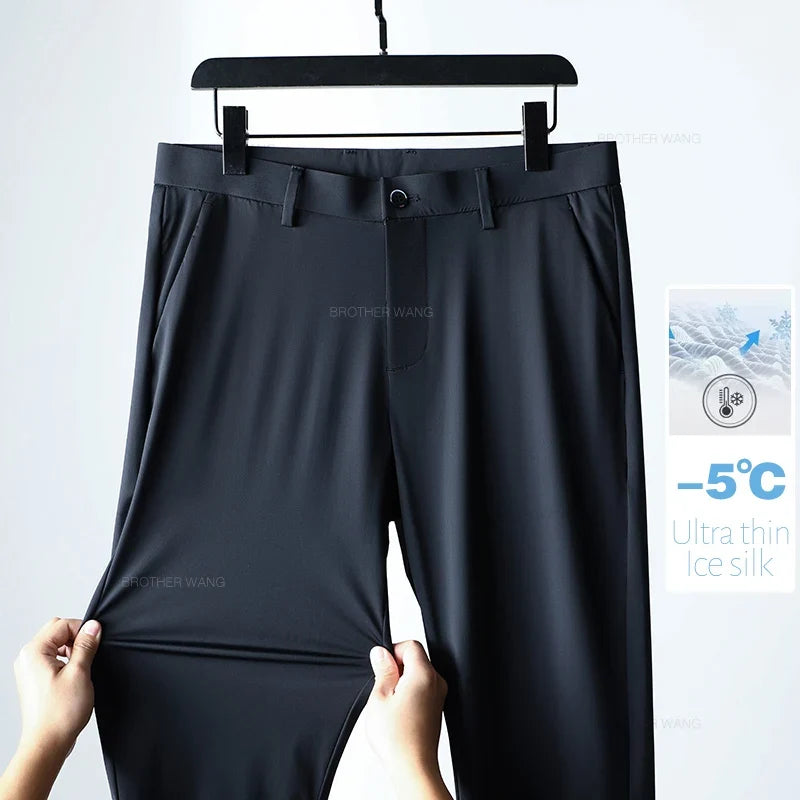 Ultra-thin Ice Silk Cool Men's  Casual Pants Summer New High Elasticity Quick-drying Drape Business Straight Trousers Black Gray