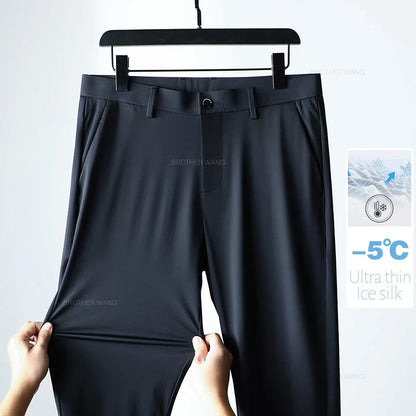 Ultra-thin Ice Silk Cool Men's  Casual Pants Summer New High Elasticity Quick-drying Drape Business Straight Trousers Black Gray