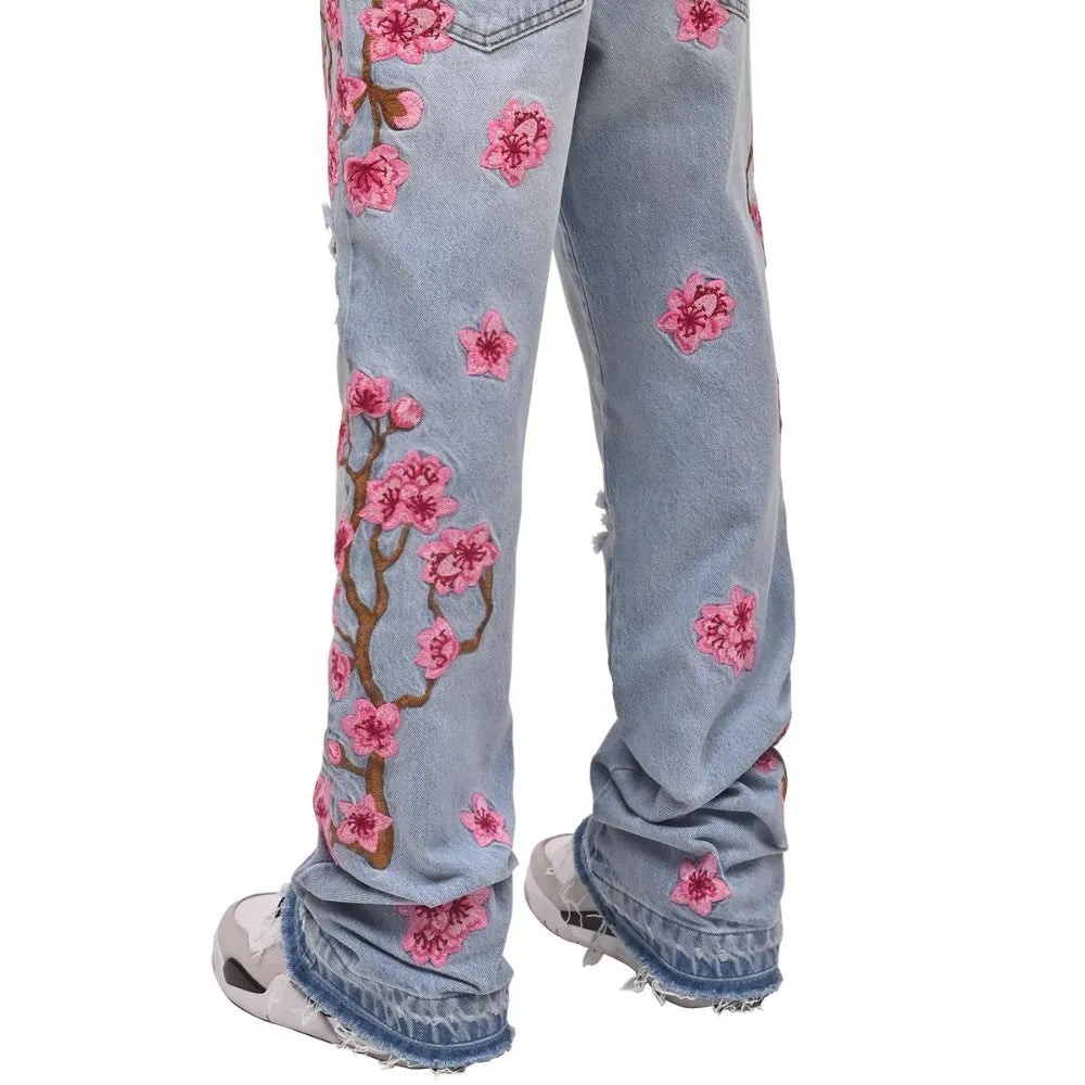 Men Straight Jean Denim Pants Jeans Loose Ankle Length Pant Pockets Casual Washed High Street Distressed Zipper Fly Spliced