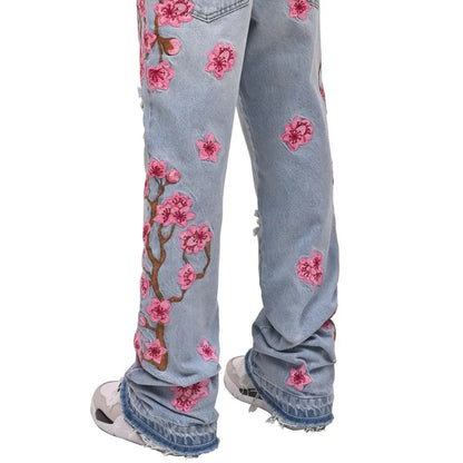 Men Straight Jean Denim Pants Jeans Loose Ankle Length Pant Pockets Casual Washed High Street Distressed Zipper Fly Spliced