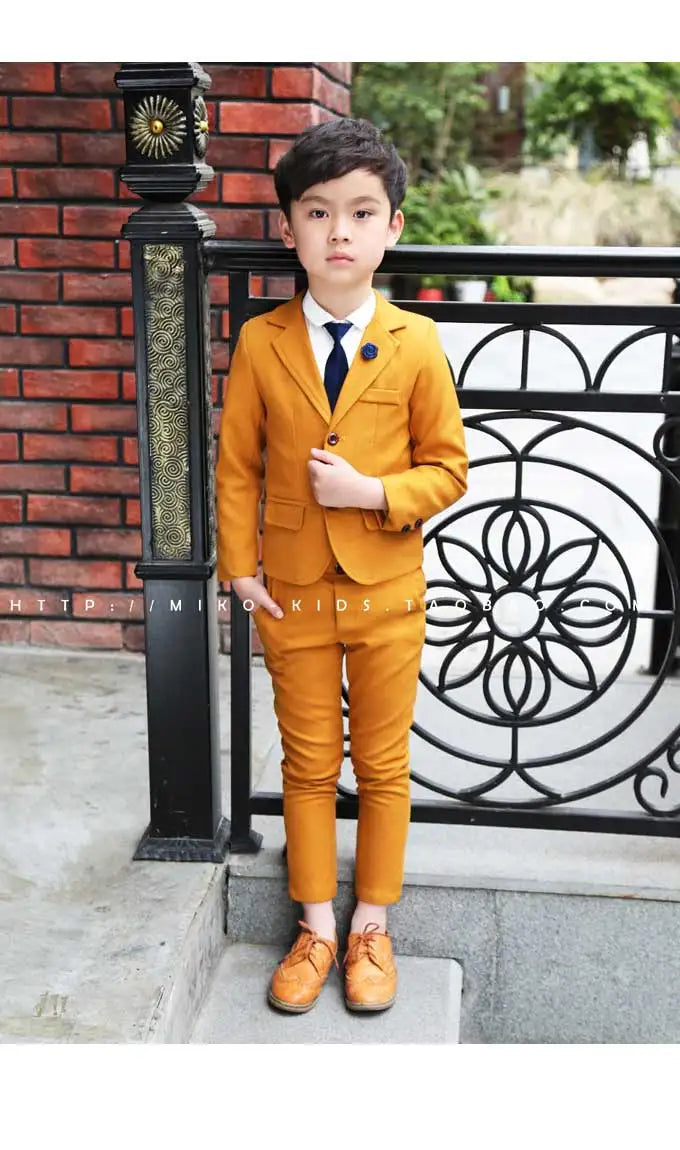 Flower Boys Orange Dress Kids Slim Blazers + Pants 2PCS Party Wedding Suit Children Photography Clothing Set Gentle Prom Costume