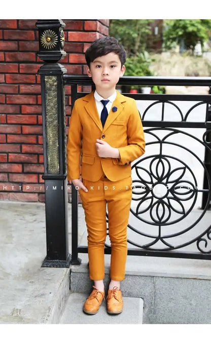 Flower Boys Orange Dress Kids Slim Blazers + Pants 2PCS Party Wedding Suit Children Photography Clothing Set Gentle Prom Costume