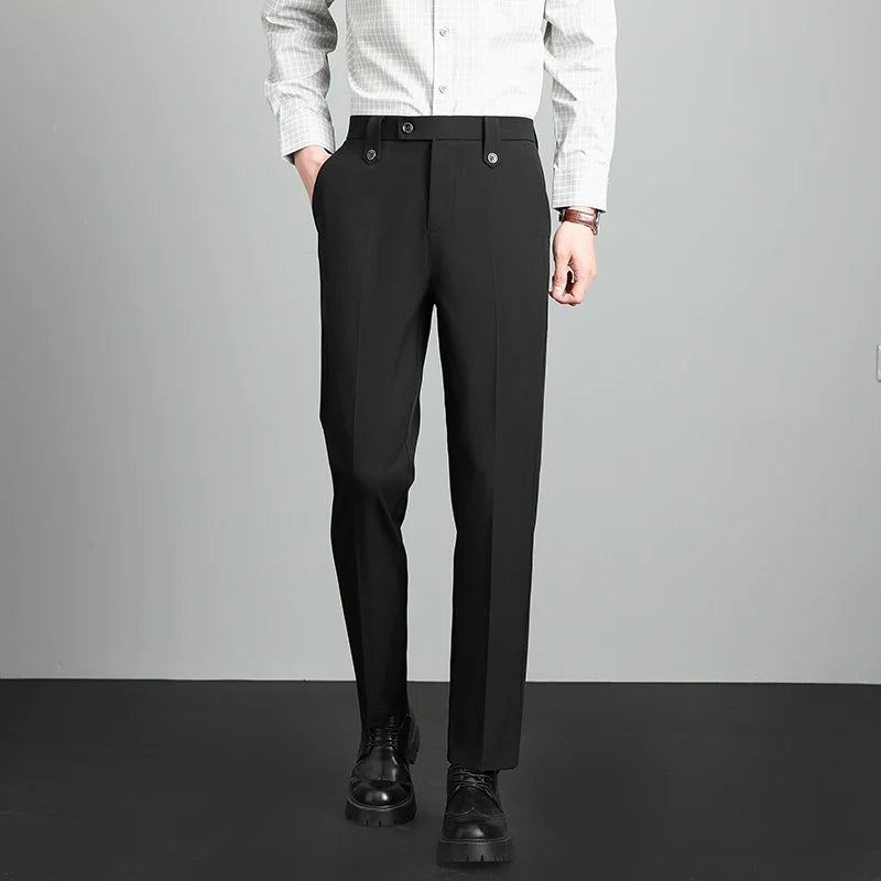 Brand High Quality Business Suit Ankle Length Pants Men Grey Khaki Waist Design Work Office Formal Long Trousers Male